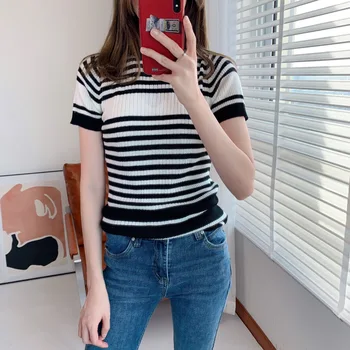 

Women Sweater 2020 Spring and Summer New Women's Pullover Hit Color Striped Tencel Wool Knitted Short-sleeved T-shirt