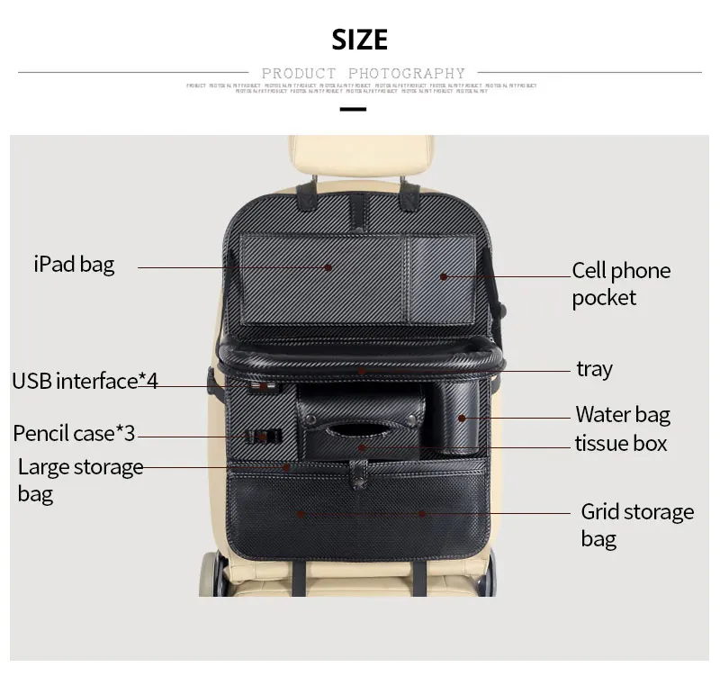 4 USB автомобильный органайзер для сидений, сумка на заднюю часть из искусственной кожи, карбоновое волокно, карман для хранения, складной стол для хранения, аксессуары для салона автомобиля