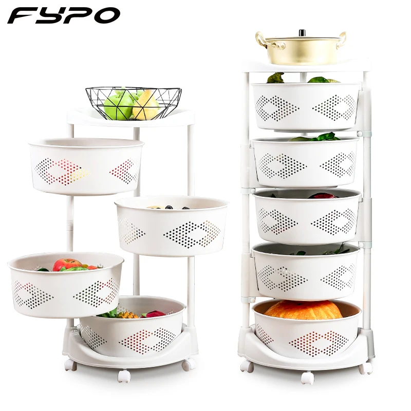 

3/4/5 Layers Movable Storage Rack Kitchen Rotatable Storage Shelves With Wheels Fruit Vegetable Basket Trolley Bathroom Organize