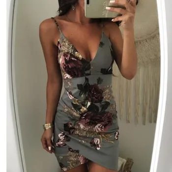

NEW Fashion Women Sexy strappy Backless V Neck Bodycon Slim dress Floral Party Cocktail Clubwear Mini Dress Casual Summer dress