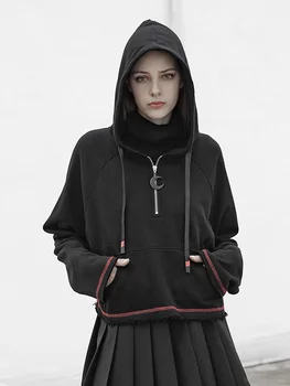 

PUNKRAVE Women's Gothic Dark Black Short Loose Large Size Sweater Top Autumn and Winter New Splicing Contrast Hooded Jacket