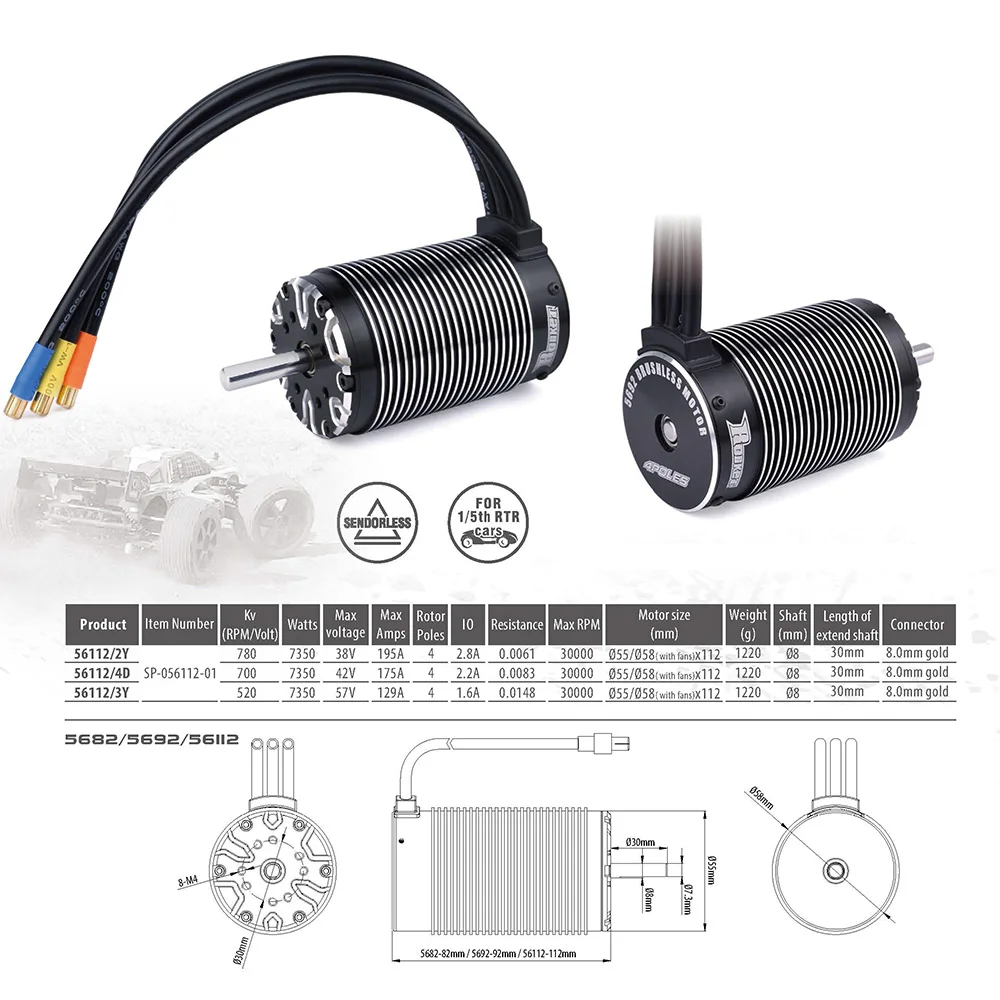 US $112.31 Rocket 56112 780KV 700KV 520KV Sensorless Brushless Motor For 15 Scale RC Car 4 Pole 12 slot ABEC 5 Bearing High Quality Brushl