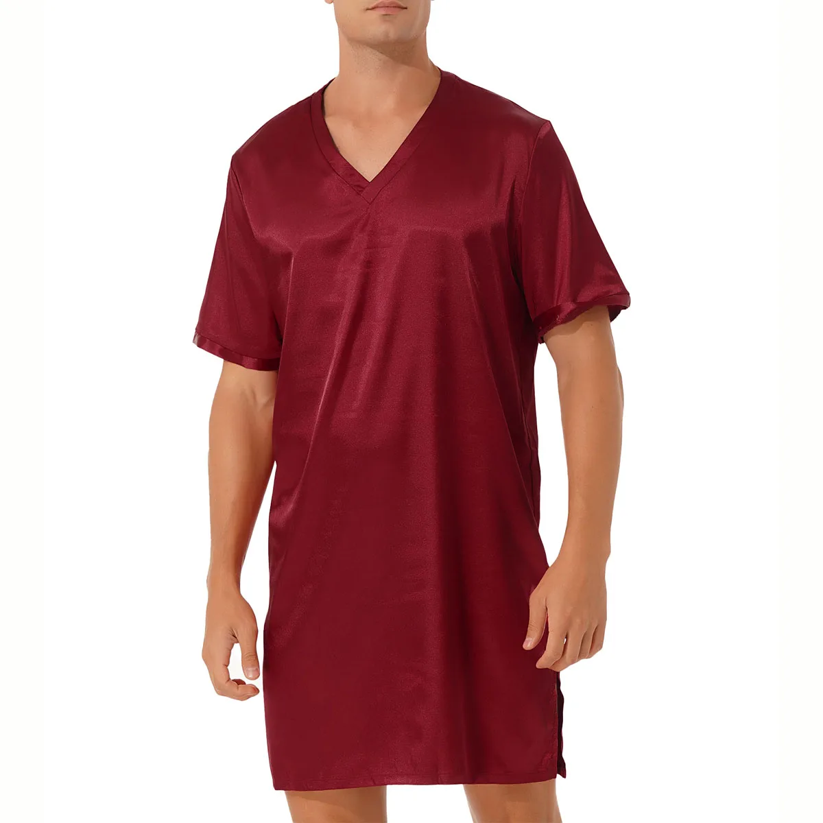 Men Silk Satin Pajamas Side Slit Short-Sleeved V-neck Casual Lounge Top Home Wear