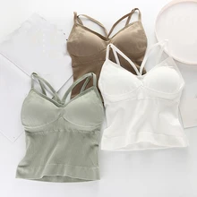 Сексуальные женские майки с подкладкой, топ с v-образным вырезом, бесшовная высокая эластичность кросс-жилет, бесшовная нить, обернутая грудь, слинг, кроп Топы