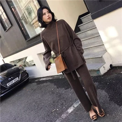 brown Комплект из 2 предметов с длинным рукавом; вязаные женские наряды; сезон осень-зима; Модные Повседневные Брюки Для подиума; Топ; брюки; вязаный костюм; комплект одежды - Цвет: brown
