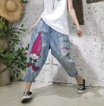 

Cartoon Embroidered Hiphop Womens Jeans Bronze Faded Cowboy Capri Pants Harem Pants Thin Mom Jeans High Waist Pantalon Femme