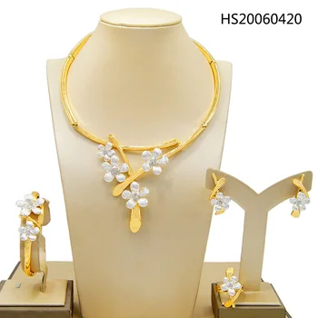 

Yulaili Newest Dubai Gold Jewelry Sets Flower Shape Choker Necklace Stud Earrings Bracelet Ring for Women Party Accessories