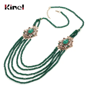 

Kinel Luxury Natural Stone Necklace Antique Gold Green Crystal Beads Strand Tassel Necklace For Women Vintage Wedding Jewelry