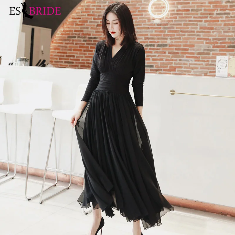 

Black Evening Dresses Long ES30392 A-line 3/4 Sleeves V-neck Sexy Women's Elegant Formal Party Occasion Dresses Robe De Soiree