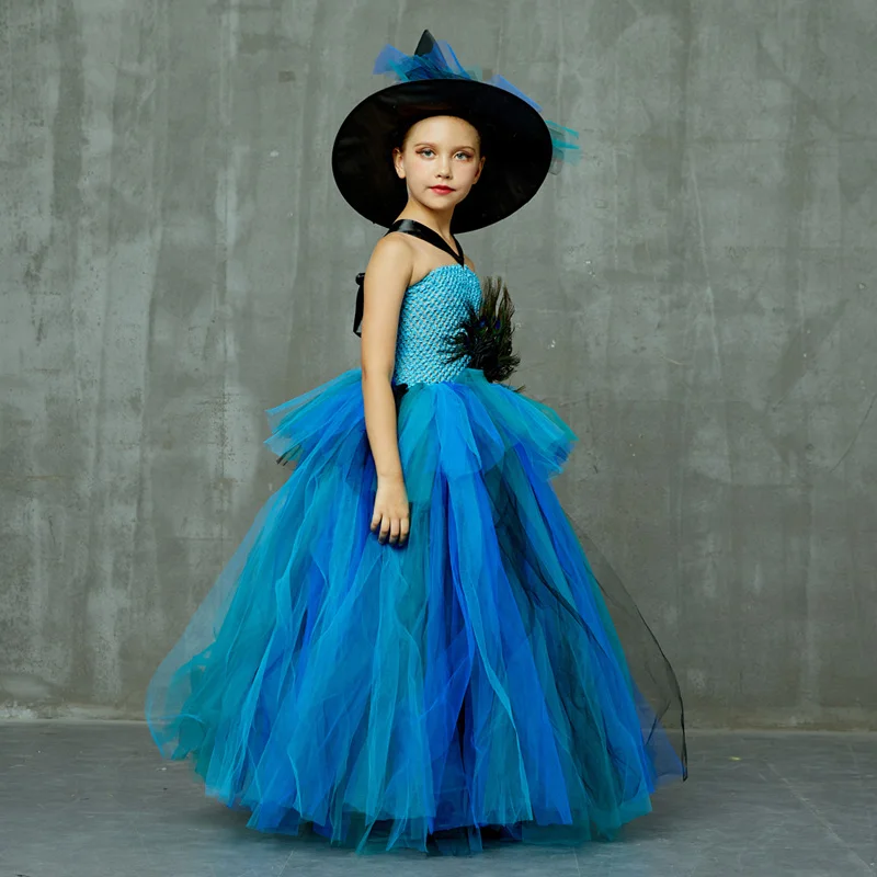 Elegant Peacock Feather Costume Girls Fluffy Layered Peacock Tutu Dress with Witch Hat Kids Pageant Party Ball Gowns Dresses (15)