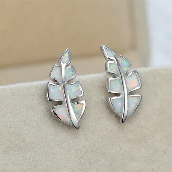 

Simple Female Blue Opal Stone Earrings Cute Silver Color Small Stud Earring Classic Bridal Leaf Wedding Earringss For Women