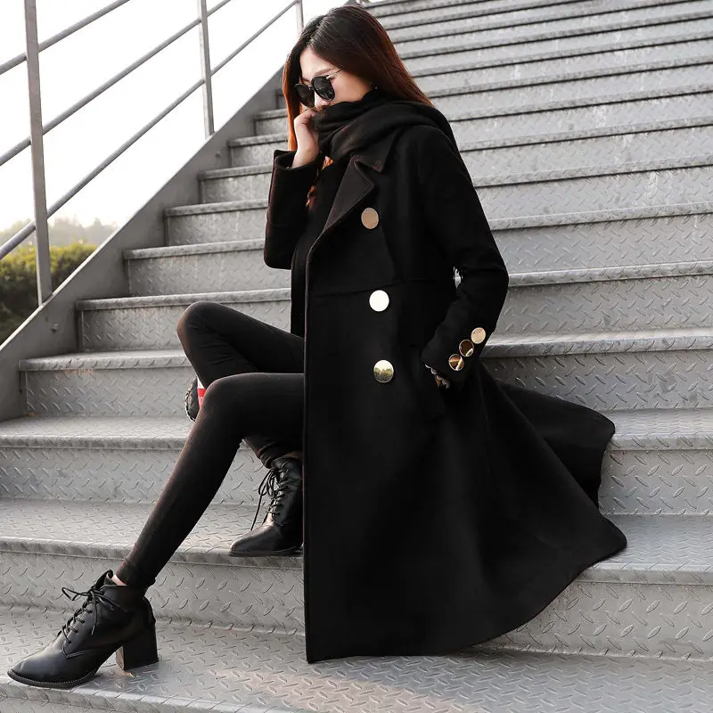 Высококачественная женская одежда осеннее шерстяное пальто корейский нагрудный двубортный Тонкий Черный Длинный блейзер femme casaco f1472