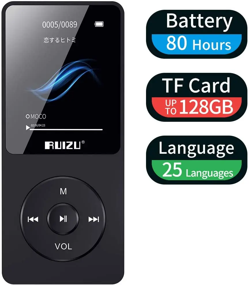 

MP3 Player,RUIZU X02 16GB Ultra Slim Music Player with FM Radio Voice Recorder,Video Play,Text Reading,80 Hours Playback (Black)
