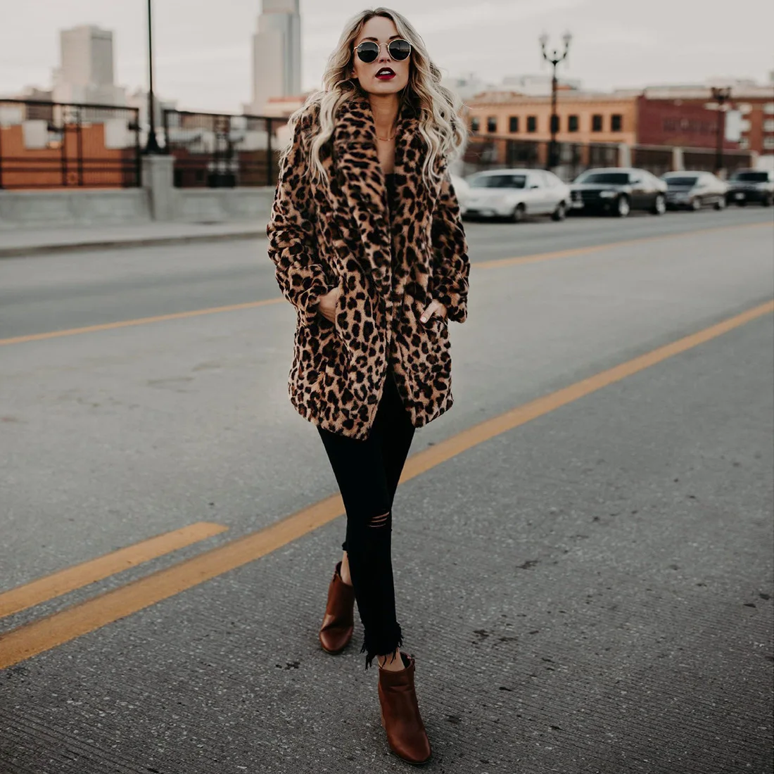 Осенне-зимнее новое женское меховое пальто, имитирующее норковый меховой воротник, классическое леопардовое пальто средней длины, Женское пальто, куртка