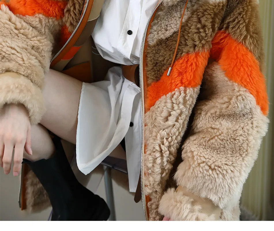 long puffer jacket Woman Real Leather Fur Long Zipper Hood Jacket Genuine Sheepskin Fur Stripe Glengarry Double Faced Fur Warm Coat Shearling Overc warmest winter coats for women