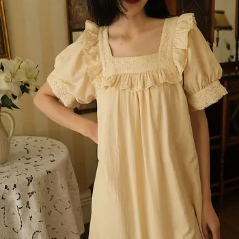 

Summer Unique Ruffles Elegant Nightgown For Women Square Neck Pleated Hem Nightdress Mujer Lady Female Sleeping Dress Gown Wear