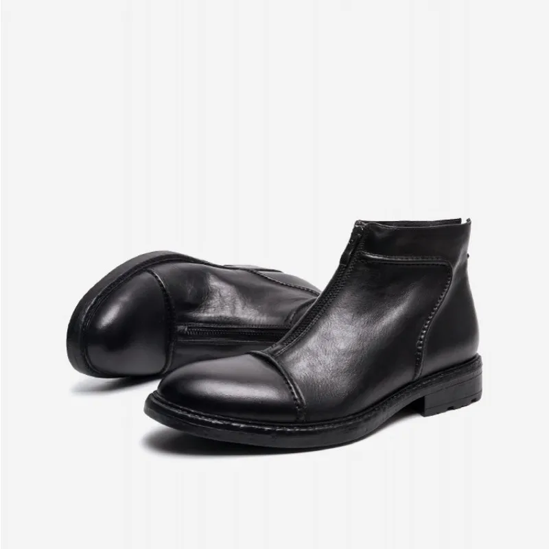 Fashion Chelsea Boots Men England Style Genuine Leather Vintage Pointed Toe Ankle Business Zipper Cowhide Dress | Обувь
