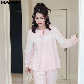 

2019 Winter Thick Warm Flannel Pajama Sets For Women Long Sleeve Coral Velvet Pyjama Sweet Girls Lace Princess Homewear Clothing