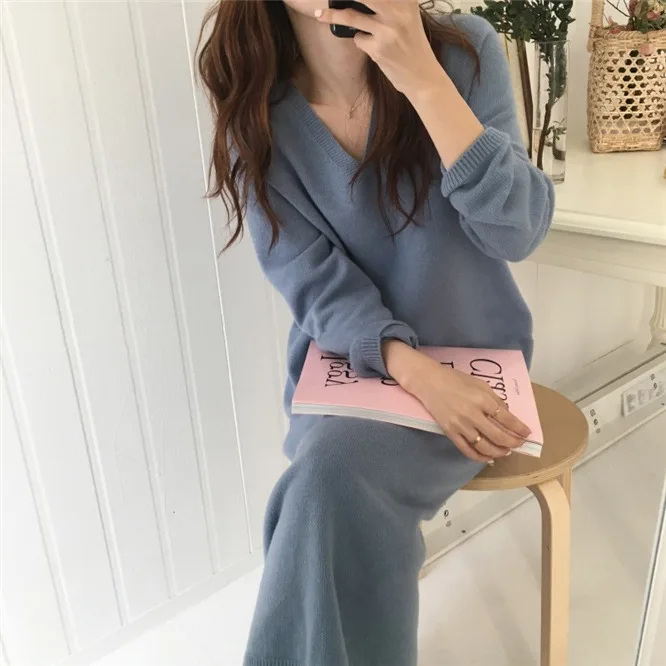 

Autumn WOMEN'S Dress 2019 New Style Korean-style Sweater Women's Loose-Fit Laziness-Style V-neck Mid-length Pullover Knitting Sh