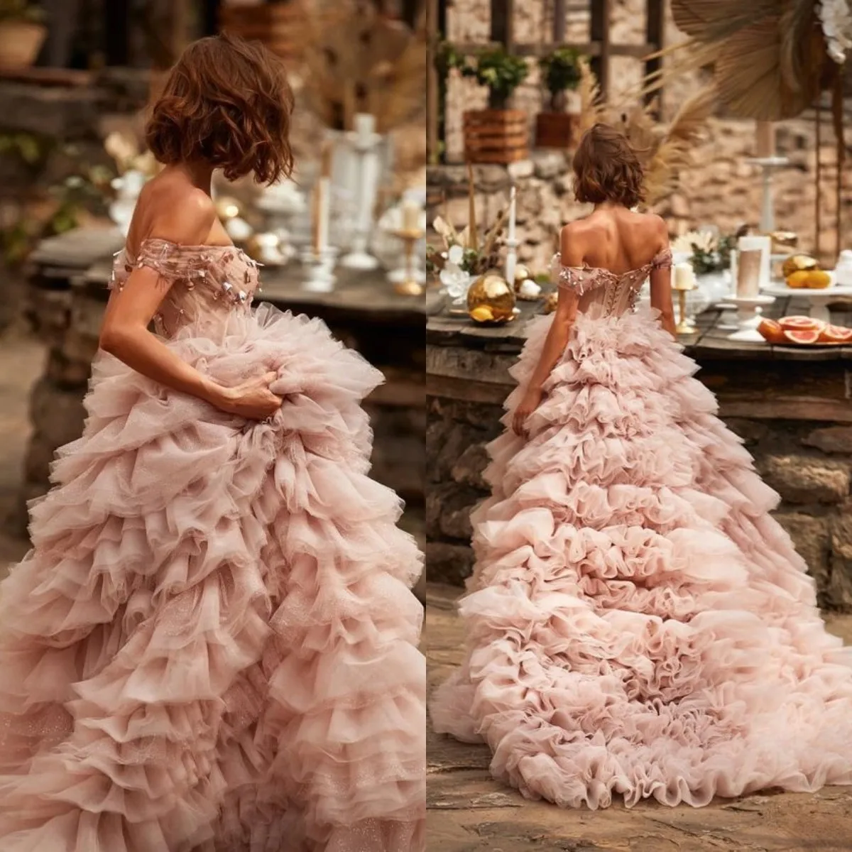 

Pink Tulle Prom Dresses Extra Puffy Ruffles Off The Shoulder Photoshoot Women Dress Long vestidos de fiesta Formal Evening Gowns