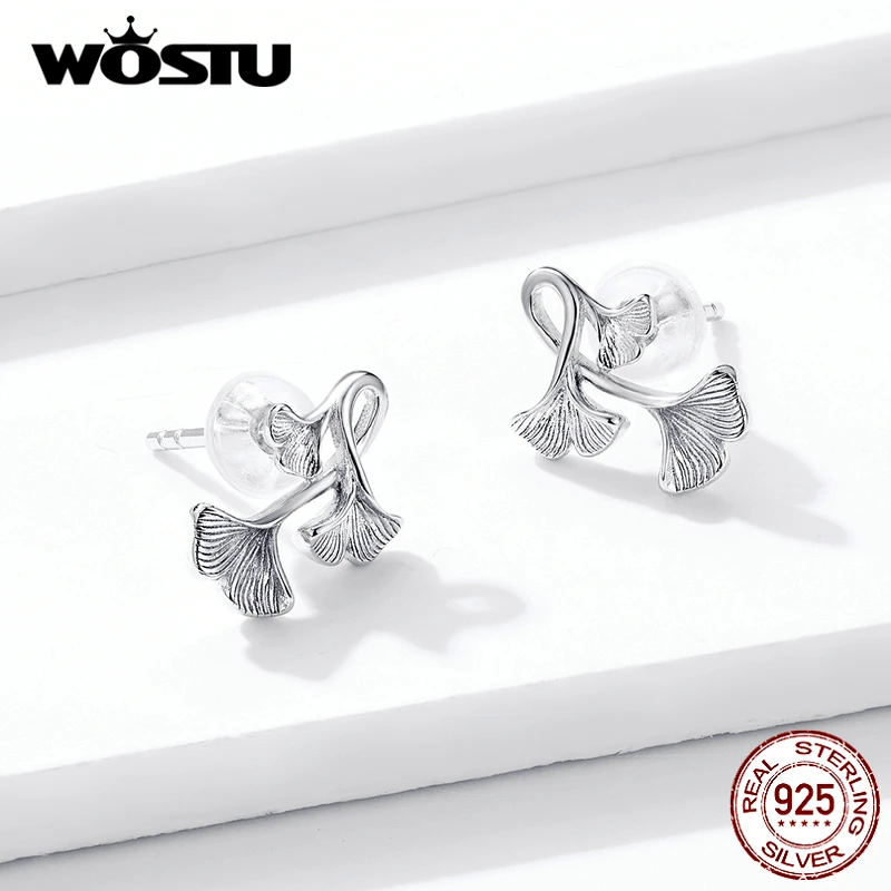 WOSTU, стильный, настоящее 925 пробы, серебряные серьги-гвоздики в виде листьев гинкго для женщин, свадебные маленькие серьги, модное ювелирное изделие, подарок, BNE328