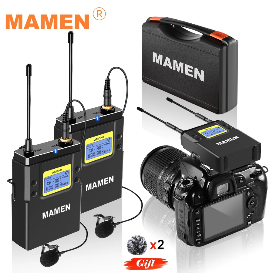 Mmamen-micrófono inalámbrico profesional, dispositivo con canal Dual UHF, Super HD, 530-590MHz, grabación, distancia de recepción de 60-100m