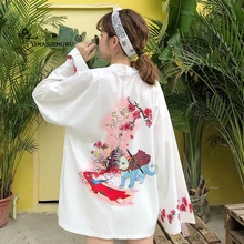 Yukata женский японский кимоно кардиган с принтом кота с длинным рукавом рубашка повседневные кимоно Femme азиатские Кимоно костюмы косплей Kawaii