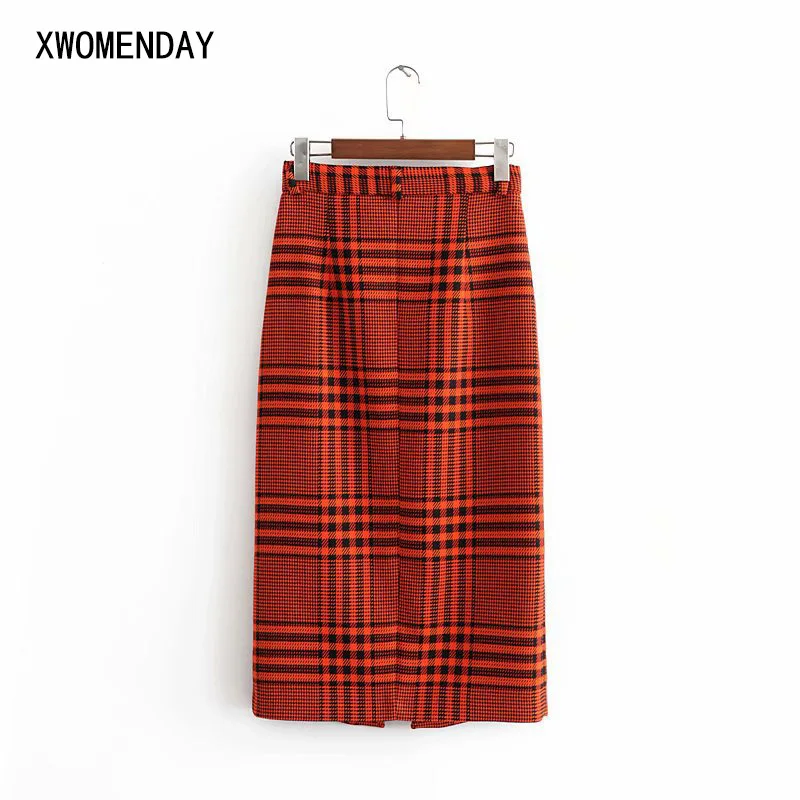Удобная клетчатая юбка-карандаш средней длины для женщин в Корейском стиле, на молнии, спереди, с разрезом, с карманами, Женская Осенняя офисная одежда, до середины икры, шикарная нижняя часть