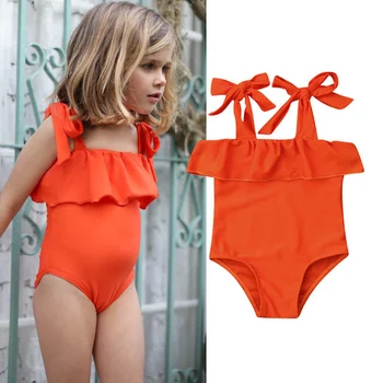 

One-peice Toddler Baby Girl Swimsuit Solid Color Bow Sling Ruffled Swimsuit Bikini Swimsuit