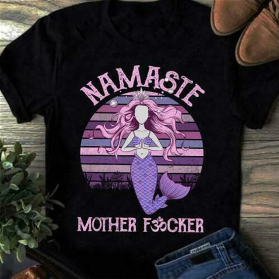 Йога Русалка Namaste мать Fvcker Винтаж Женская футболка хлопок Cotton бесплатная