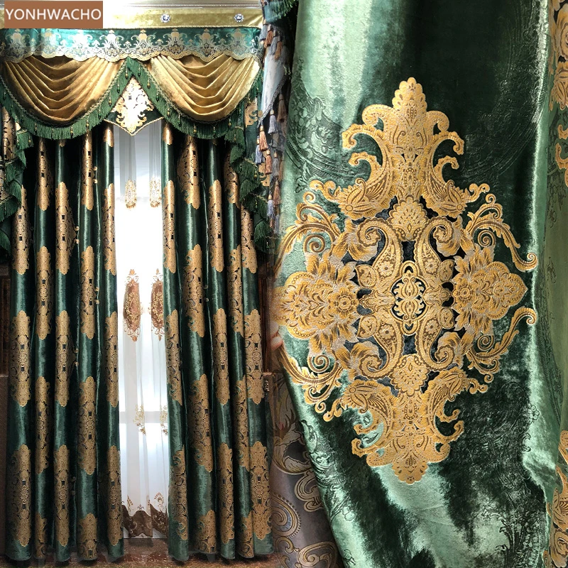 

Custom curtains Dark green American retro luxury villa bedroom shading velvet cloth blackout curtain valance tulle panel C127
