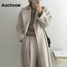 Aachoae Women Elegant Long Wool Coat With Belt Solid Color Long Sleeve Chic Outerwear Ladies Overcoat Autumn Winter 2020