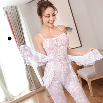 

Sexy Women Lace Zipper Open Crotch Bodysuit Transparent Low Chest Sling with Lotus Leaf Slim Catsuit Club Wear Sexy Lingerie