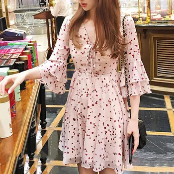 

Women Sweet Summer Dress Small Fairy Flower Print Chiffon Dress Flare Sleeve Bow Mini Dresses Vestido
