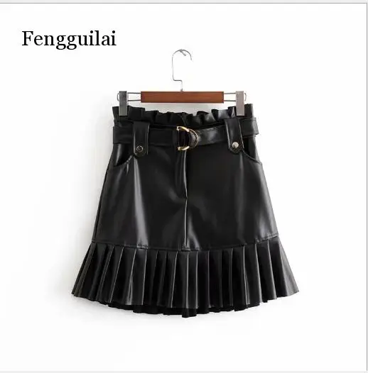 New fashion trend of autumn women's wear pleated imitation leather mini-step cake skirt
