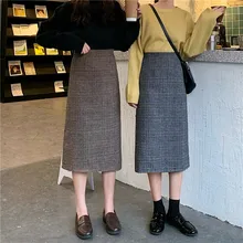 Fdfklak Осень Зима Новая клетчатая юбка женская ins длинная высокая талия дикая раскол вилка прямая юбка женская винтажная Весенняя шикарная юбка