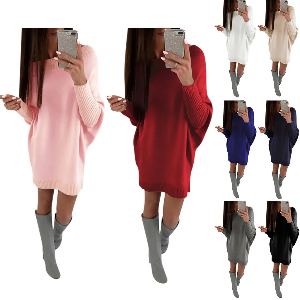 Newest Dress Women's Autumn And Winter Fashion Solid Color Long Sleeve Bat Dresses Party Vestidos invierno @45 | Женская одежда