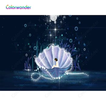 

Dark Blue Background Purple Glitter Shell with White Pearls Underwater World Sliver Moon Colorful Seaweed with Blisters Backdrop