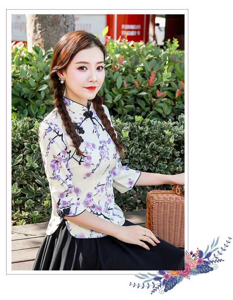 S-4XL плюс размер традиционные китайские рубашки леди Фиолетовый цветы сливы Cheongsam Топы Блузка Camisa Китай Mujer Шанхай