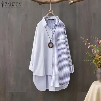 

Fashion Striped Shirts ZANZEA Women Long Sleeve Patchwork Blouse Spring Irregular Hem Blusas Femme Office Work Top Mujer Chemise