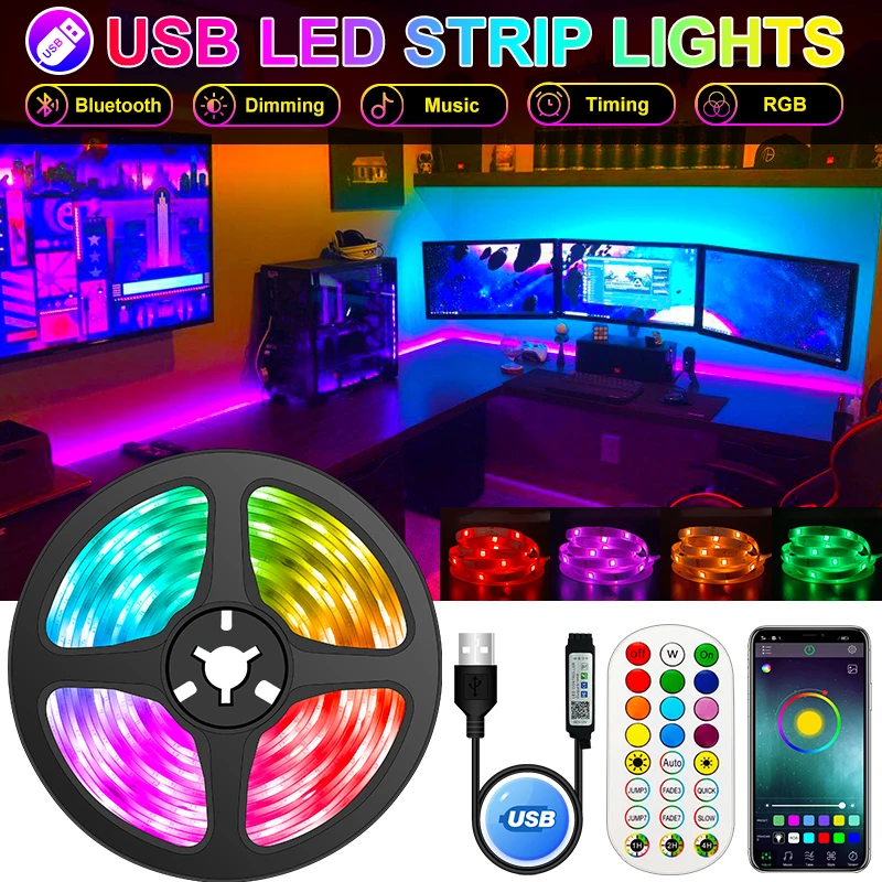 Tira de luces LED con Bluetooth, cinta de diodo Flexible de retroiluminación para pantalla de TV y escritorio, RGB 5V, USB, 1 30M