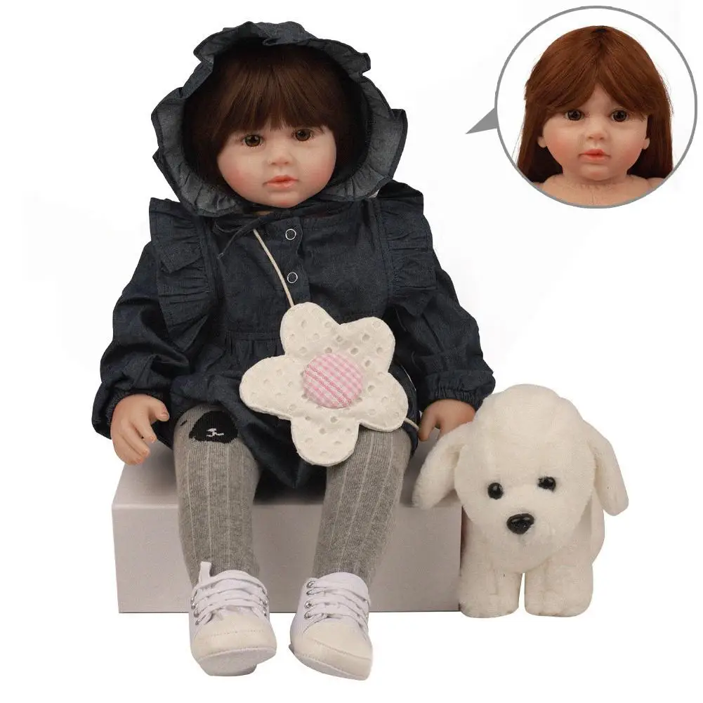 Reborn Baby Doll Lifelike Toddler Girl Dressed Toy Plush Dog Soft Hands Feel Cotton Body Silicone Head Limbs Kids Playmate Reborn Baby Doll Lifelike Toddler Girl Dressed Toy Plush Dog Soft Hands Feel Cotton Body Silicone Head Limbs Kids Playmate