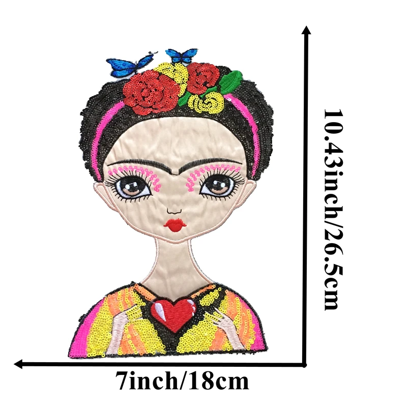 DZ New Arrival Frieda Artist Girl Sequined Iron on Patches for Clothes Floral Women Sequin Patches and Appliques DIY Decal