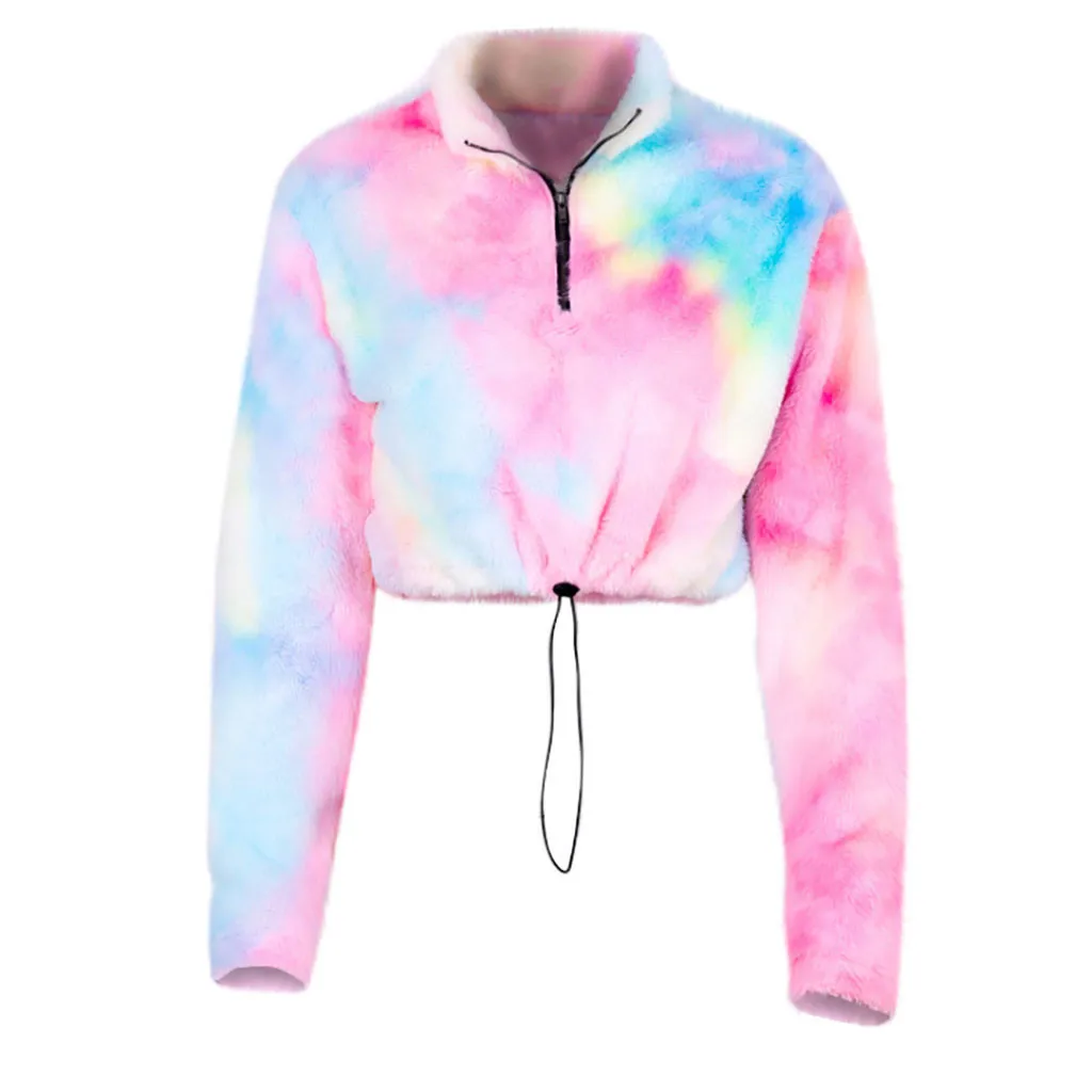 Tie Dye худи укороченный женский осенне-зимний Пуловер короткий Свитшот плюшевый на молнии с длинным рукавом укороченный Топ Футболка с водолазкой