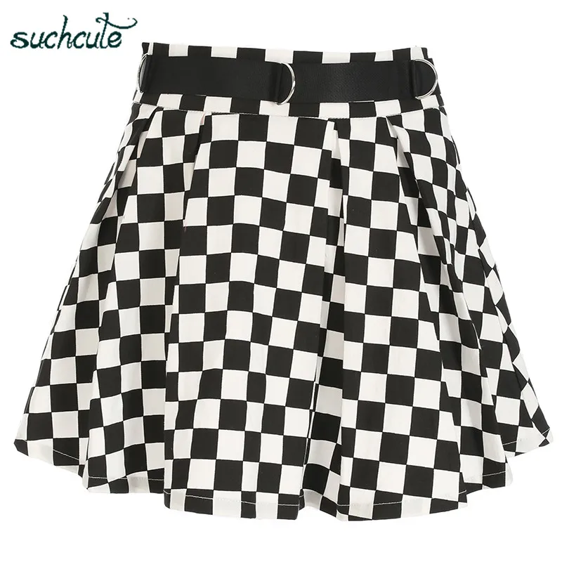 Suchcute шахматные юбки женские с высокой талией Шахматный набор плиссированная короткая юбка Harajuku танцы корейский стиль Пот мини юбки