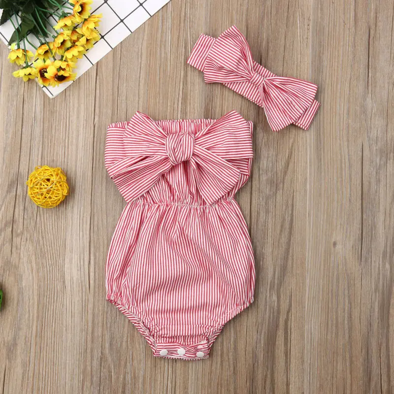 Newborn Infant Baby Girls Off Shoulder Strapless Striped Romper Large Bow Tie Jumpsuit Outfits Headband