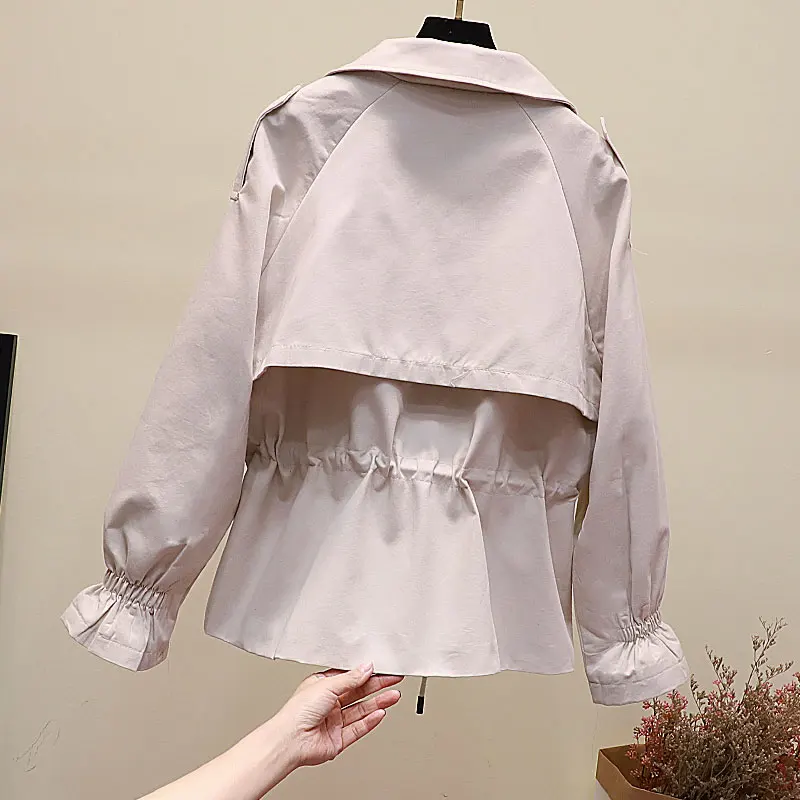 Модный короткий черный Тренч для женщин весна осень короткое пальто Корейская ветровка свободная талия с капюшоном верхняя одежда для женщин