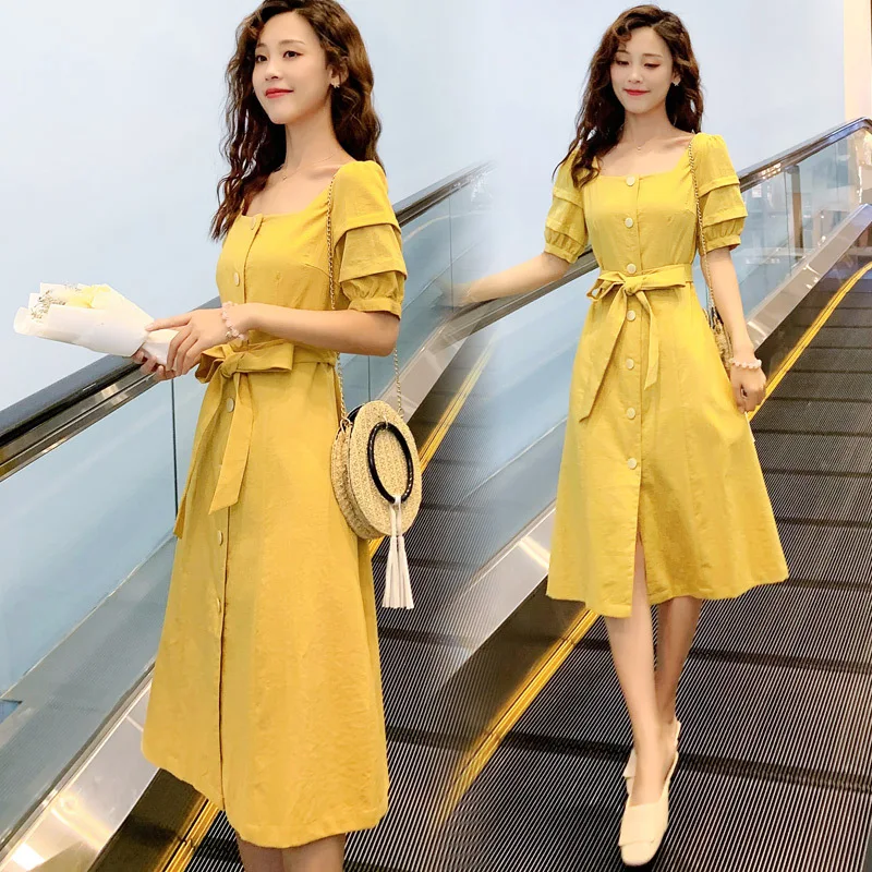 

French Retro Lace-up Waist Hugging Dress Women's 2019 Summer New Style Elegant Small Square Collar Backless Gentle Medium-length
