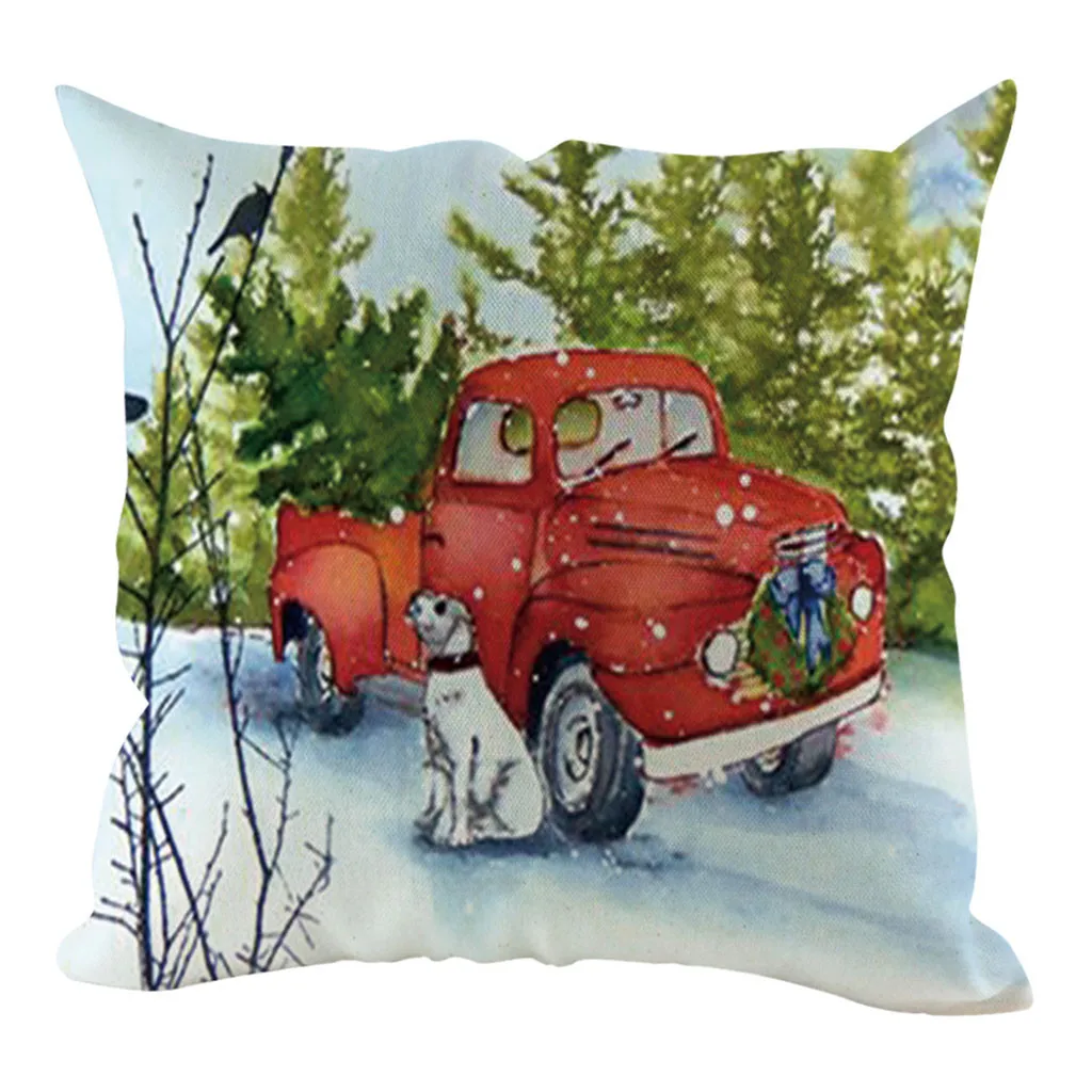 Christmas Red Truck 45x45cm Cushion Cover Christmas Tree Decoration Family Living Room Chair New Year Linen Print Pillow Cases