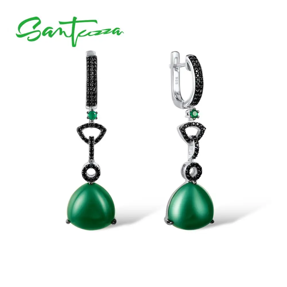 

SANTUZZA 925 Sterling Silver Drop Earrings Jewelry Earrings Dyed Green Agate Black Spinel Green Glass For Women Drop Earrings